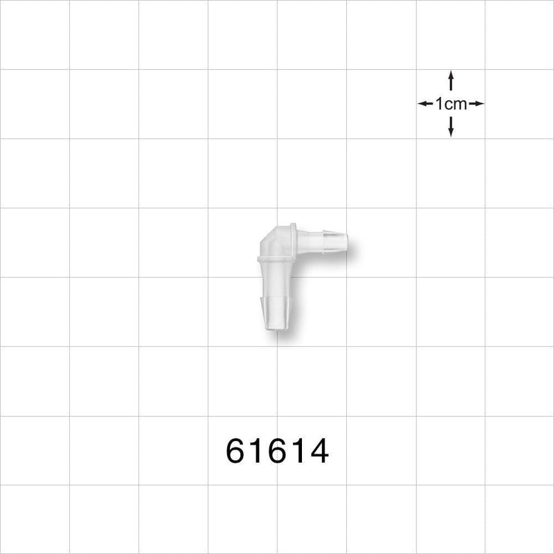 Elbow Connector, Barbed, Natural - Fits 1/8 inch ID x 3/32 inch ID Tubing (0.125 inch x 0.094 inch, 3.18 mm x 2.38 mm) - 61614