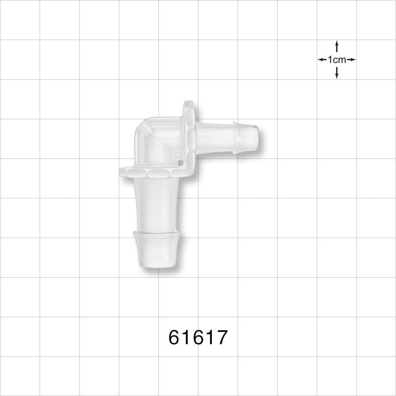 Elbow Connector, Barbed, Natural - Fits 3/8 inch x 1/4 inch ID Tubing (0.375 inch x 0.25 inch, 9.53 mm x 6.35 mm) - 61617