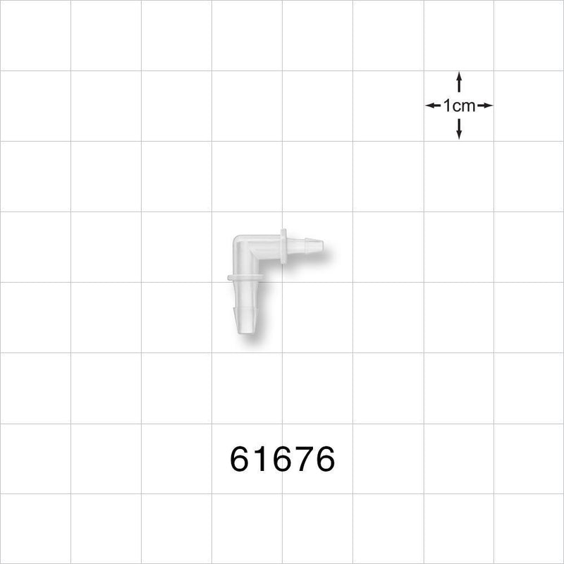 Elbow Connector, Barbed, Natural - Fits 3/32 inch x 1/16 inch ID Tubing (0.094 inch x 0.063 inch, 2.38 mm x 1.59 mm) - 61676