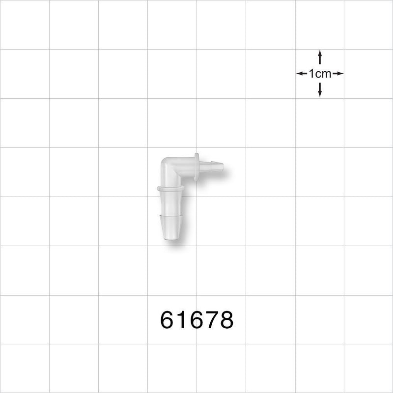 Elbow Connector, Barbed, Natural - Fits 1/8 inch x 1/16 inch ID Tubing (0.125 inch x 0.063 inch, 3.18 mm x 1.59 mm) - 61678