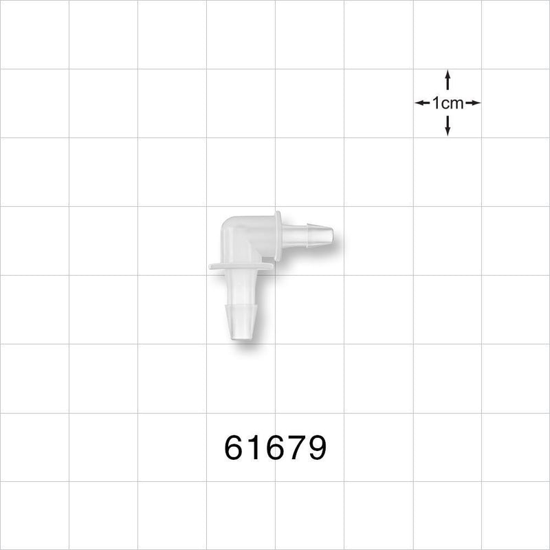 Elbow Connector, Barbed, Natural - Fits 1/8 inch ID x 3/32 inch ID Tubing (0.125 inch x 0.094 inch, 3.18 mm x 2.38 mm) - 61679