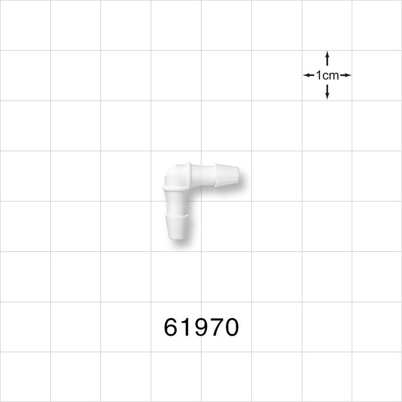 Elbow Connector, Barbed, White - Fits 1/8 inch ID Tubing (0.125 inch, 3.18 mm) - 61970