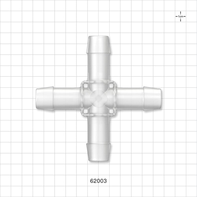 Cross Connector, Barbed - Fits 3/4 inch ID Tubing (0.75 inch, 19.05 mm) - 62003