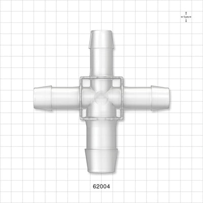 Cross Connector, Barbed - Fits 1 inch ID x 3/4 inch ID x 3/4 inch ID x 3/4 inch ID Tubing (1 inch x 0.75 inch x 0.75 inch x 0.75 inch, 25.4 mm x 19 mm x 19 mm x 19 mm) - 62004