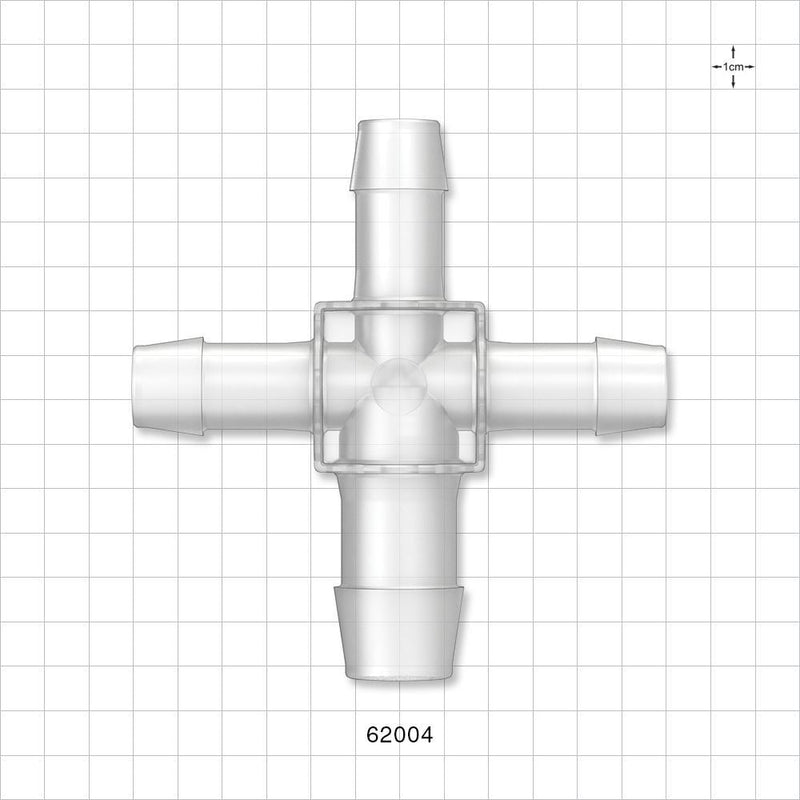 Cross Connector, Barbed - Fits 1 inch ID x 3/4 inch ID x 3/4 inch ID x 3/4 inch ID Tubing (1 inch x 0.75 inch x 0.75 inch x 0.75 inch, 25.4 mm x 19 mm x 19 mm x 19 mm) - 62004
