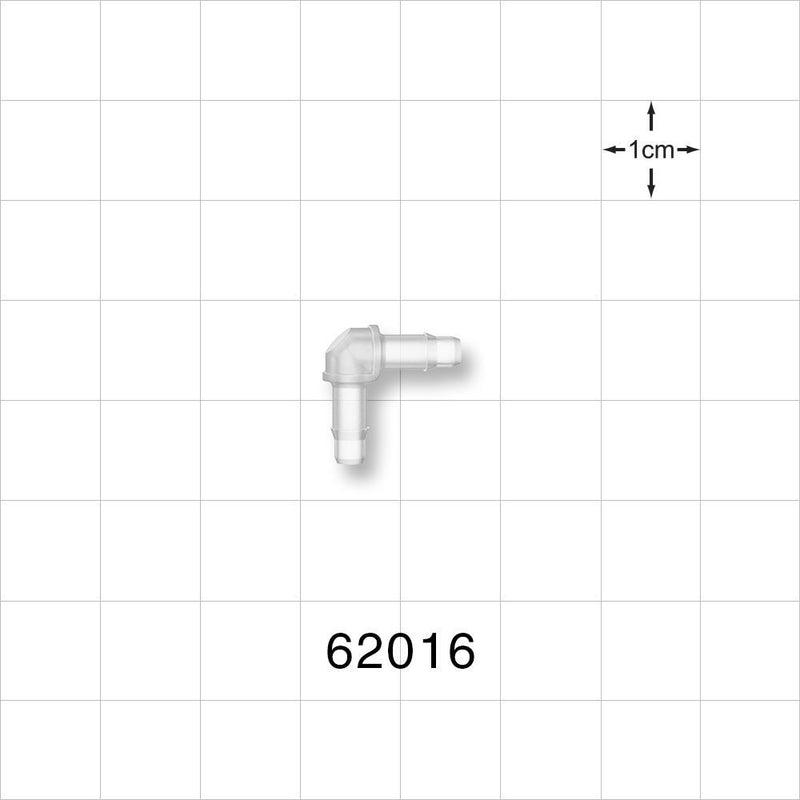 Elbow Connector, Barbed, Natural - Fits 1/8 inch ID Tubing (0.125 inch, 3.18 mm) - 62016