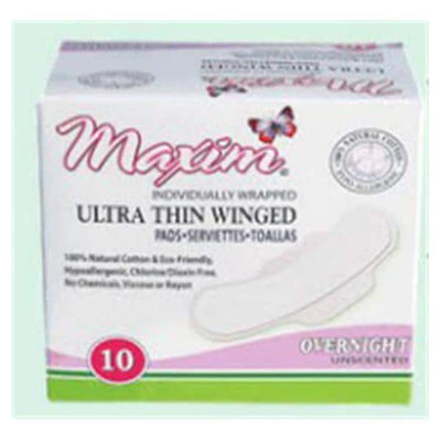Maxim Hygiene Products Sanitary Pad Natural Cotton Ultra Thin Super Winged White Disposable 10x12/Case - 1-230210-1