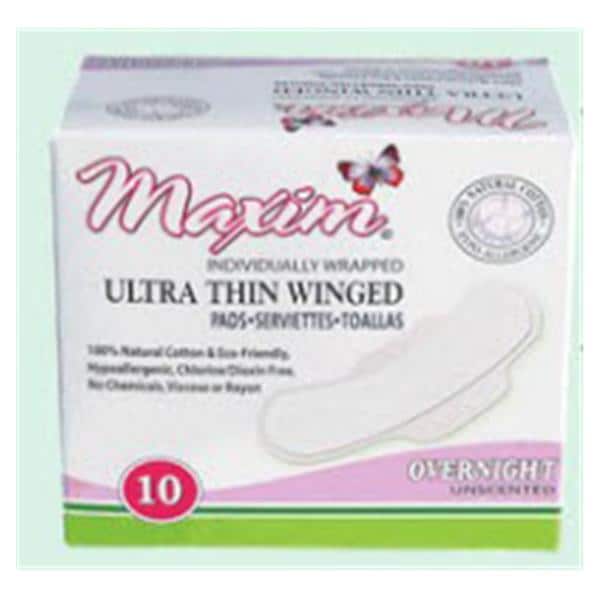 Maxim Hygiene Products Sanitary Pad Natural Cotton Ultra Thin Super Winged White Disposable 10x12/Case - 1-230210-1