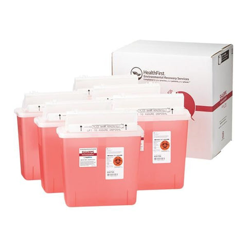 Healthfirst -Sharps Management Mailer System 5qt Red/White 10-1/2x4-1/2x12" Closing Lid Plastic Small Optional Wall Mount Non-Sterile Disposable Anti-Kickback Closure 6/Package 1005910