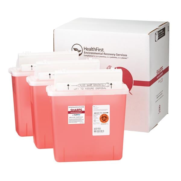 Healthfirst -Sharps Management Mailer System 5qt Red/White 10-1/2x4-1/2x12" Closing Lid Plastic Small Optional Wall Mount Non-Sterile Disposable Anti-Kickback Closure 3/Package 1005900