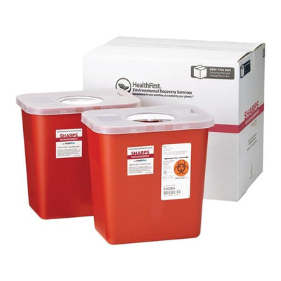 Healthfirst -Sharps Management Mailer System 2gal Red/White 10-1/2x7x10" Closing Lid Plastic Large Optional Countertop/Wall Mount Non-Sterile Disposable Adjustable Rotor Closure 2/Package 3880
