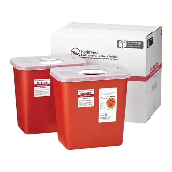 Healthfirst -Sharps Management Mailer System 2gal Red/White 10-1/2x7x10" Closing Lid Plastic Large Optional Countertop/Wall Mount Non-Sterile Disposable Adjustable Rotor Closure 2/Package 3880