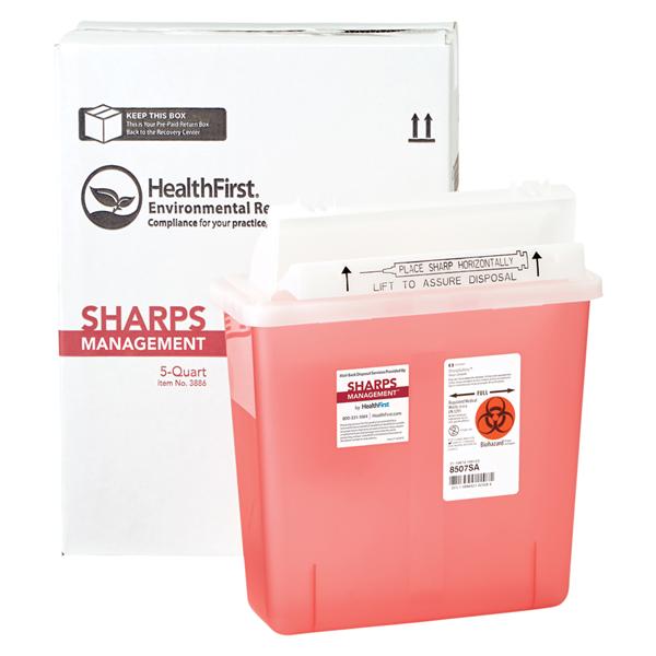 Healthfirst -Sharps Management Mailer System 5qt Red/White 10-1/2x4-1/2x12" Closing Lid Plastic Small Optional Countertop/Wall Mount Non-Sterile Disposable Anti-Kickback Closure Each 1005960
