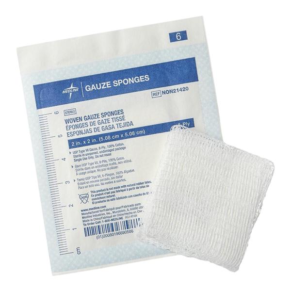Medline Industries Inc Cotton Gauze Sponge 2x2" 8 Ply Sterile Woven Not Made With Natural Rubber Latex, 30 BX/CA - NON21420
