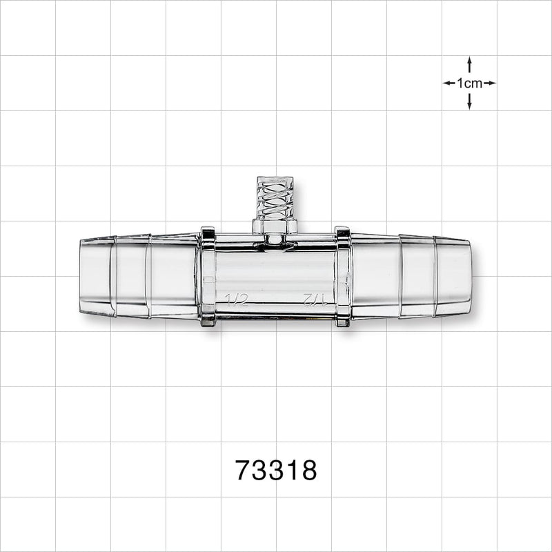 Straight Connector, Barbed, Female Luer Lock Side Port, Clear - Female Luer Lock Top Port; Sideports Fit 1/2 inch ID Tubing (0.5 inch, 12.7 mm) - 73318