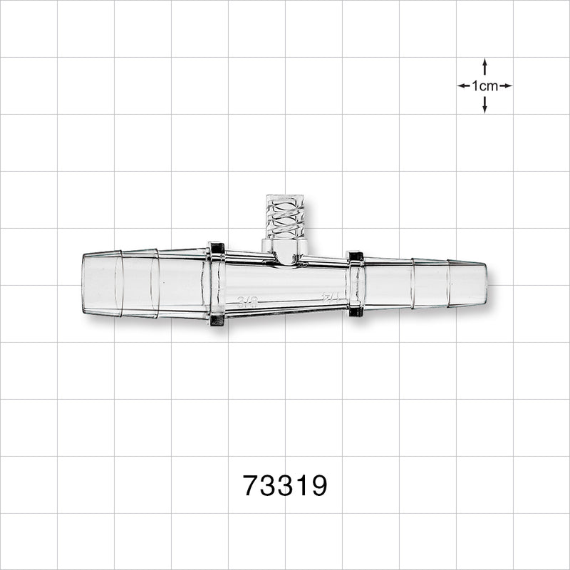 Straight Connector, Reducer, Barbed, Female Luer Lock Side Port, Clear - Fits 3/8 inch x 1/4 inch ID Tubing (0.375 inch x 0.25 inch, 9.53 mm x 6.35 mm) - 73319