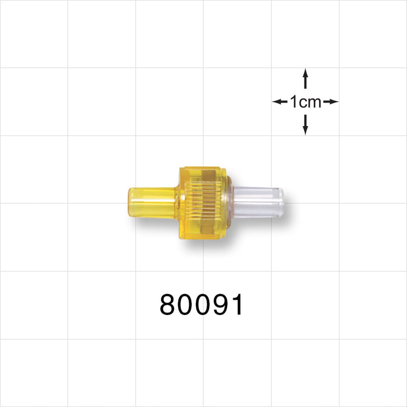 Duckbill Check Valve; Yellow Inlet, Clear Outlet - 0.105 inch ID (2.67 mm); 0.433 psi CP - 80091