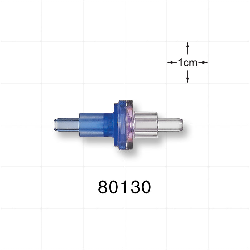 Check Valve, Blue Inlet, Clear Outlet - Fits 0.122 inch ID x 0.165 inch OD Tubing (3.1 mm x 4.2 mm); 0.014 - 0.087 psi CP - 80130