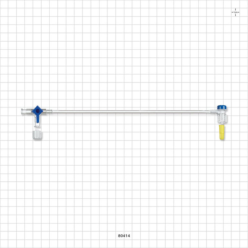 Extension Line, Hemostasis Valve with Male Luer Lock & Female Cap to 3-Way Stopcock & Male Luer Cap - 0 FR - 8 FR (0 inch - 0.105 inch, 0 mm - 2.7 mm); 10 inch Length (254 mm) - 80414