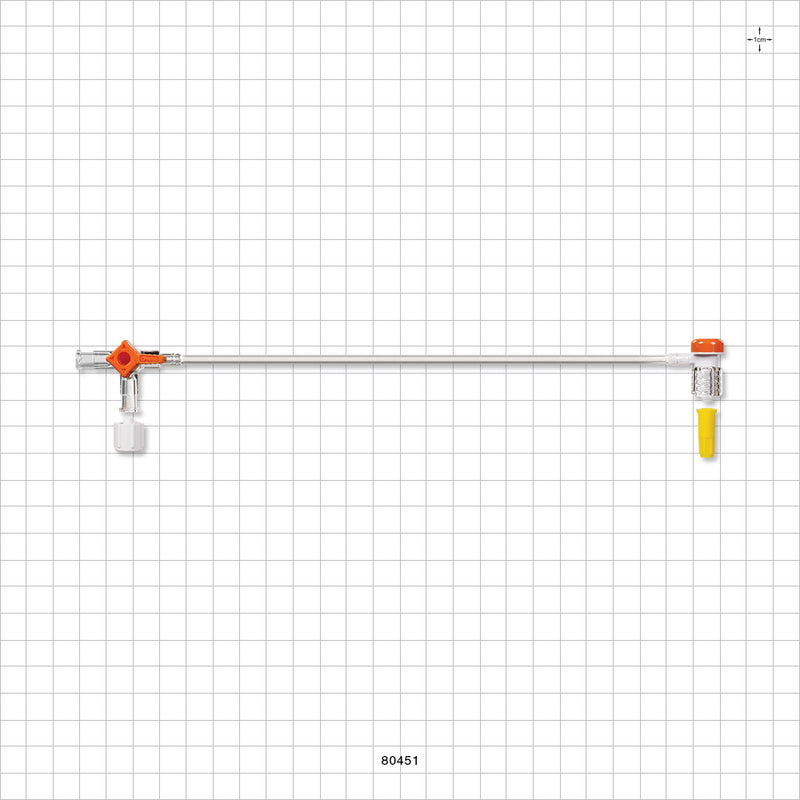 Extension Line, Hemostasis Valve with Male Luer Lock & Female Cap to 3-Way Stopcock & Male Luer Cap - 0 FR - 8 FR (0 inch - 0.105 inch, 0 mm - 2.7 mm); 10 inch Length (254 mm) - 80451