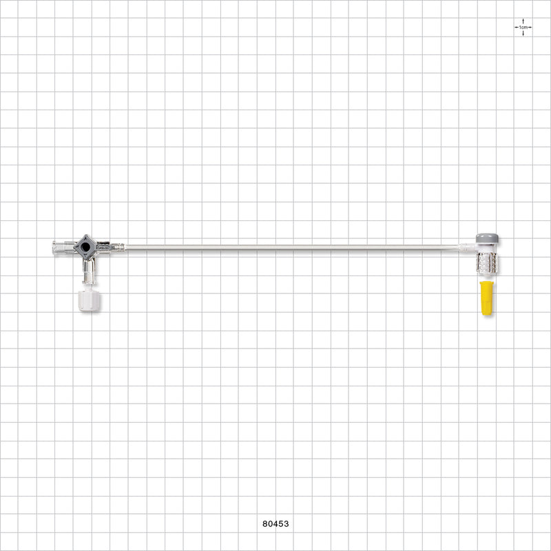 Extension Line, Hemostasis Valve with Male Luer Lock & Female Cap to 3-Way Stopcock & Male Luer Cap - 0 FR - 8 FR (0 inch - 0.105 inch, 0 mm - 2.7 mm); 10 inch Length (254 mm) - 80453