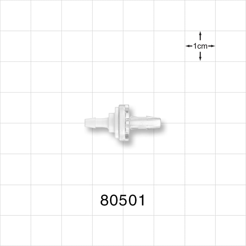 Check Valve, White Inlet, Clear Outlet, Barbed - Fits 3/32 inch ID x 1/8 inch ID Tubing (0.094 inch x 0.125 inch, 2.38 mm x 3.2 mm); 0.087 psi CP - 80501