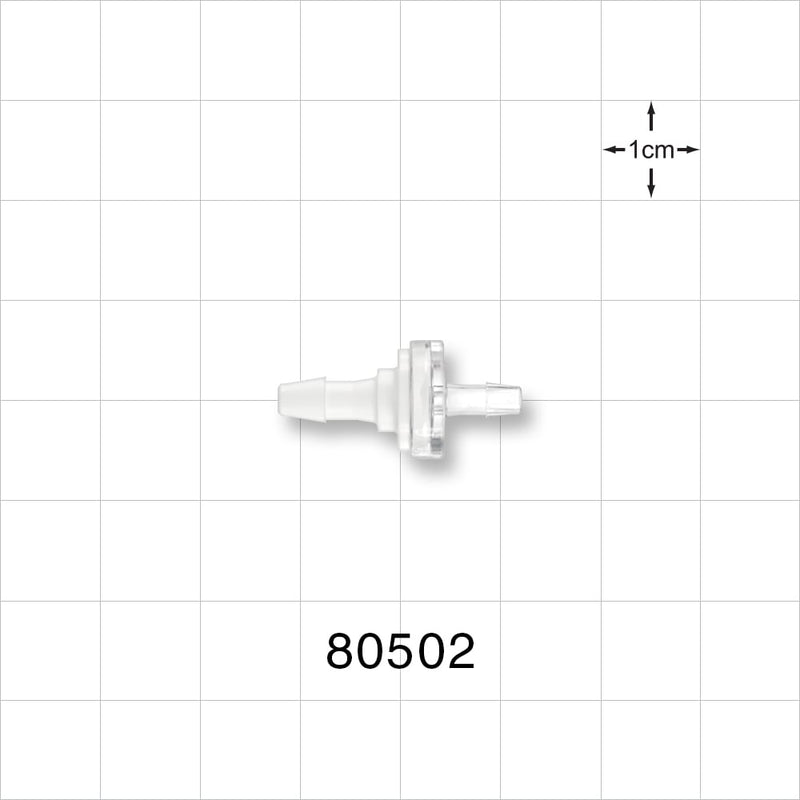 Check Valve, White Inlet, Clear Outlet, Barbed - Fits 1/8 inch ID x 3/32 inch ID Tubing (0.125 inch x 0.093 inch, 3.2 mm x 2.38 mm); 0.087 psi CP - 80502