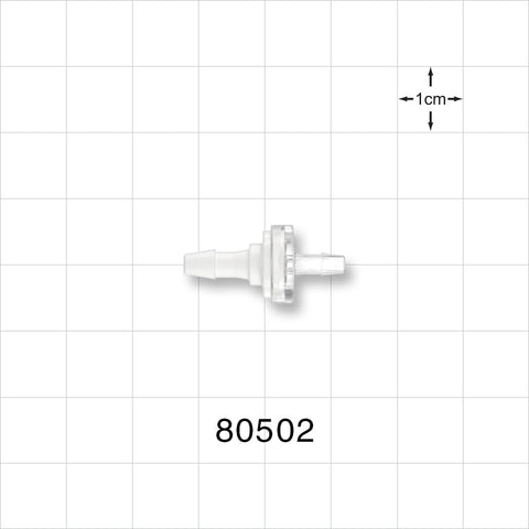 Check Valve, White Inlet, Clear Outlet, Barbed - Fits 1/8 inch ID x 3/32 inch ID Tubing (0.125 inch x 0.093 inch, 3.2 mm x 2.38 mm); 0.087 psi CP - 80502