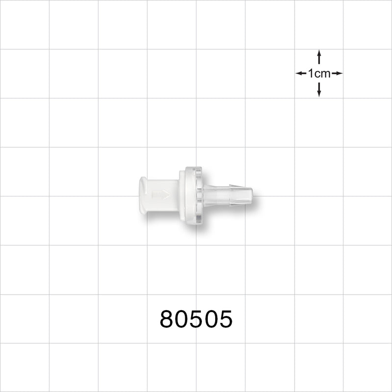 Check Valve, Female Luer Lock Inlet, Barbed Outlet - Fits 1/8 inch ID Tubing (0.125 inch, 3.18 mm); 0.087 psi CP - 80505