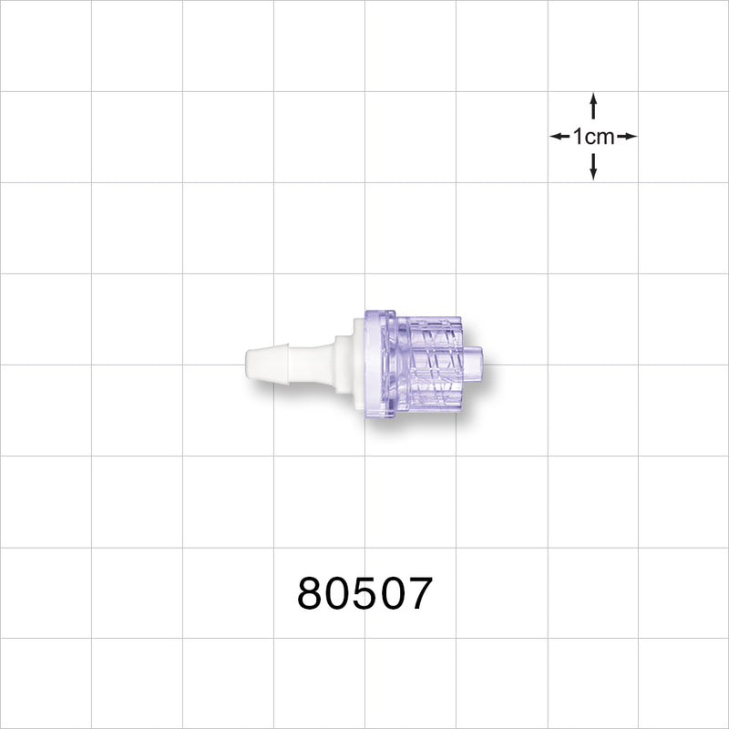 Check Valve, Barbed Inlet, Male Luer Lock Outlet - Fits 1/8 inch ID Tubing (0.125 inch, 3.18 mm); 0.087 psi CP - 80507