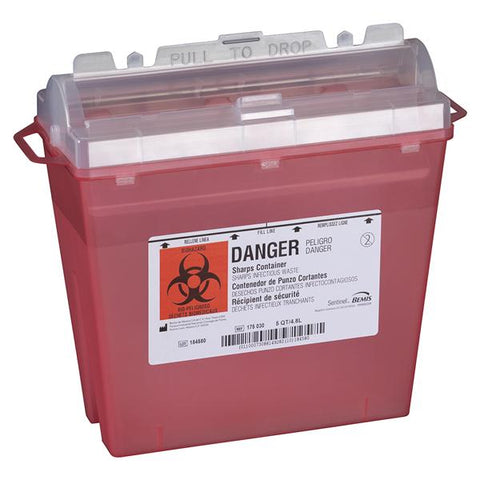 Bemis Healthcare, Inc -Sentinel Sharps Container 5qt Translucent Red 11x5-1/4x10" Rotating Cylinder Top Plastic Molded-In Handles Autoclavable Each, 32 EA/CA 175 030