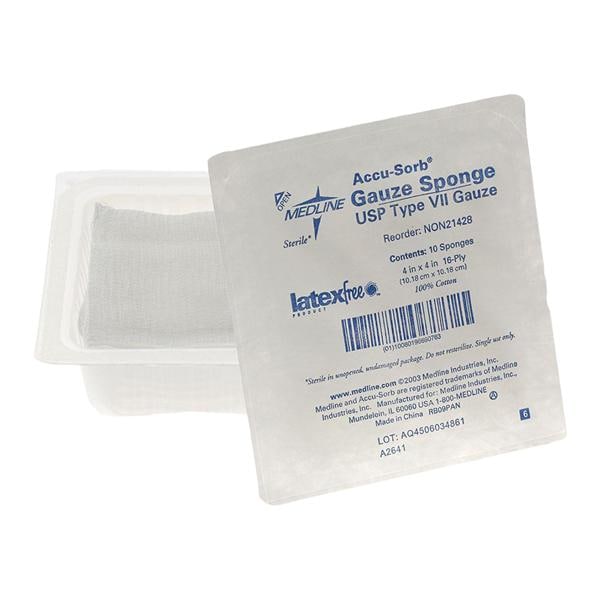 Medline Industries Inc Cotton Gauze Sponge 4x4" 16 Ply Sterile Not Made With Natural Rubber Latex, 128 PK/CA - NON21428