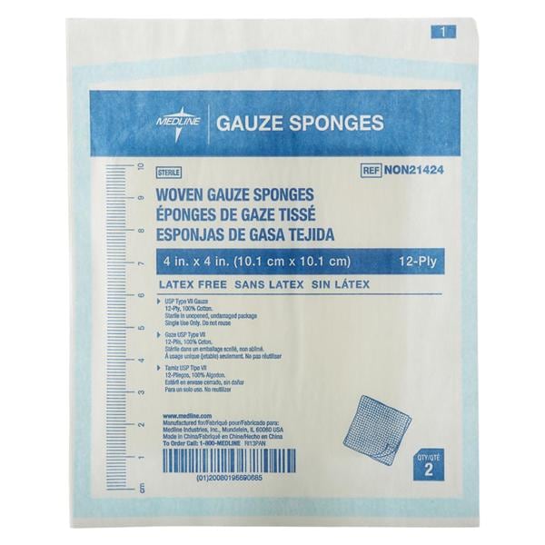 Medline Industries Inc Cotton Gauze Sponge 4x4" 12 Ply Sterile Not Made With Natural Rubber Latex, 24 BX/CA - NON21424