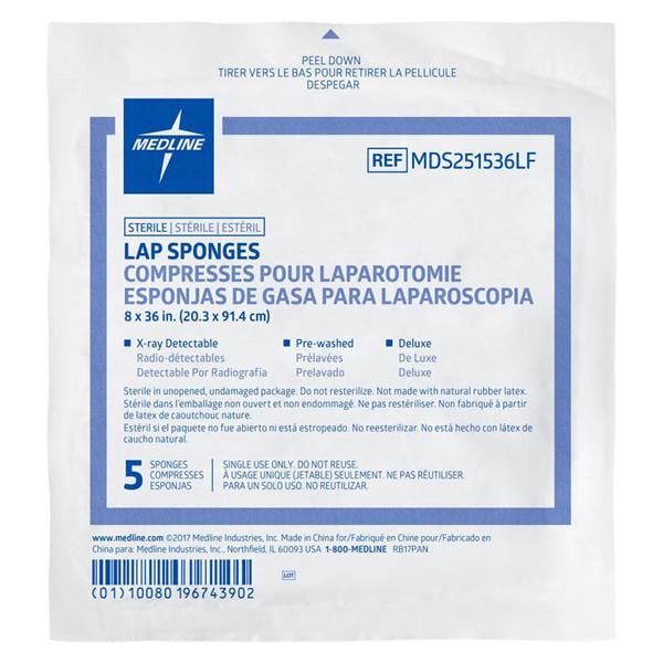 Medline Industries Inc Lint-Free Laparotomy Sponge 8x36" Sterile X-Ray Detectable Pre-Washed LF, 40 PK/CA - MDS251536LF