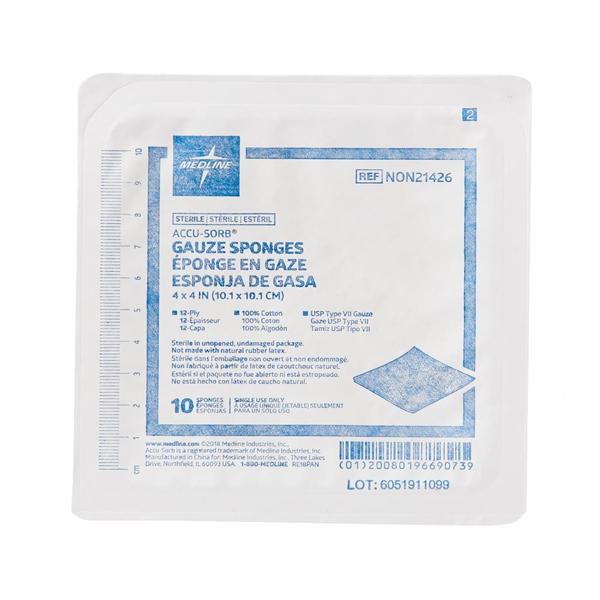 Medline Industries Inc Cotton Gauze Sponge 4x4" 12 Ply Sterile Not Made With Natural Rubber Latex, 128 PK/CA - NON21426
