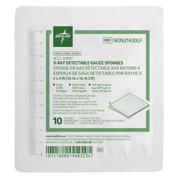 Medline Industries Inc Cotton Gauze Sponge 4x4" 16 Ply Sterile X-Ray Detectable LF, 128 PK/CA - NON21430LF