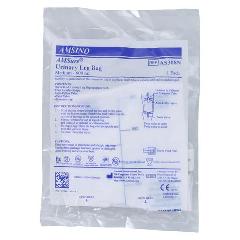 Amsino International, Inc AMSure Urinary Leg Bag 600mL Disposable Twist Turn Anti-Reflux Valve - AS308N