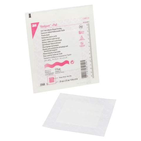 3M Medical Products Medipore +Pad Cloth Wound Dressing 6x6 Sterile Sqr Non-Adherent Adhs Wht Abs LF - 3568