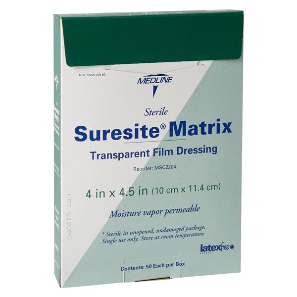 Medline Industries Inc Suresite Matrix Film Dressing 4x4-1/2" Sterile Matrix Adhesive Transparent LF  - MSC2204