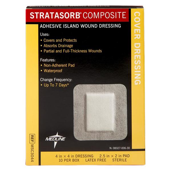 Medline Industries Inc Stratasorb Composite Island Dressing 4x4" 4 Layer Sterile NAdhr Adhs Abs LF, 10 BX/CA - MSC3044