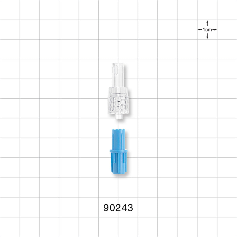 Male Luer w/Spin Lock, Tubing Port, Clear w/Blue Vented Cap - 0.152 inch - 0.135 inch ID (3.86 mm - 3.43 mm) - 90243