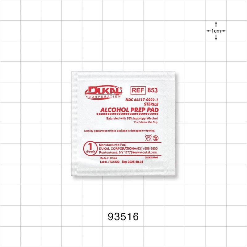 DUKAL Sterile Alcohol Prep Pads - 1.2 inch x 2.45 inch (30.57 mm x 62.2 mm) - 93516