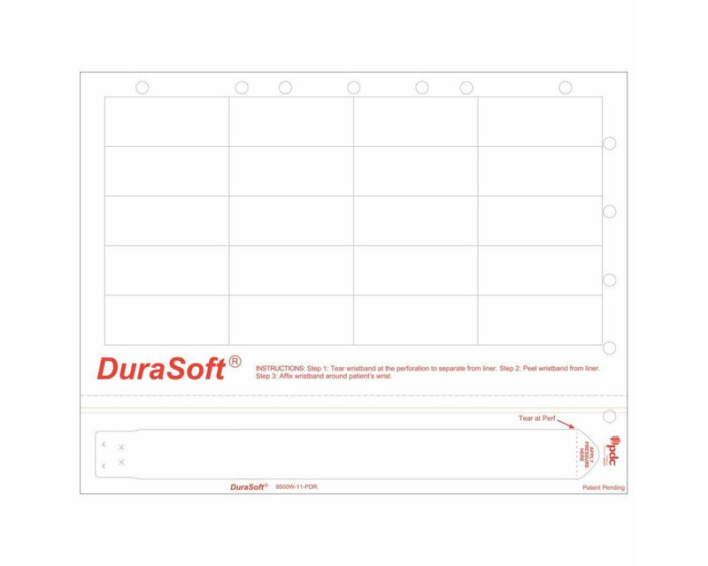 PDC Durasoft® Laser Wristband/Label with Holes, Tamper Evident, Paper, 2 1/2"x1", Adult, White, 20 Labels per Sheet, 4 Pks of 250 Sheets per Case |  9500W-11-PDR