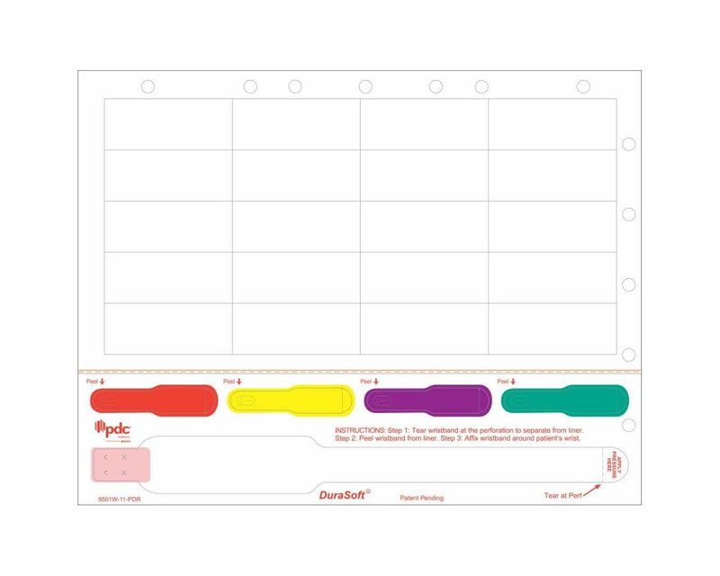 PDC Durasoft® Laser Wristband/Label with Holes, Tamper Evident, Paper, 2 1/2"x1", Adult, White, 20 Labels per Sheet, 4 Pks of 250 Sheets per Case | 9501W-11-PDR