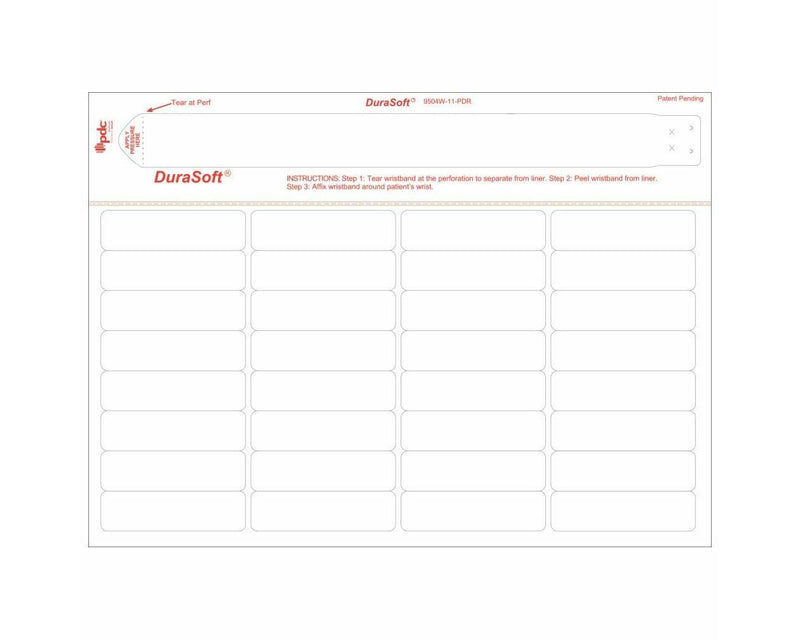 PDC Durasoft® Laser Wristband/Label, Tamper Evident, Paper, 2 7/10"x3/4", Adult, White, 32 Labels per Sheet, 4 Pks of 250 Sheets per Case | 9504W-11-PDR