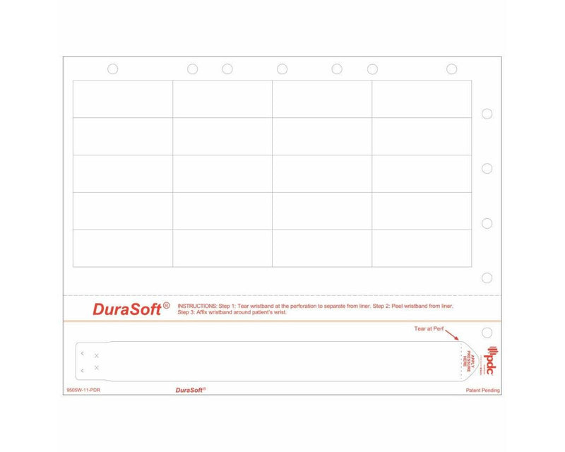 PDC Durasoft® Laser Wristband/Label with Holes, Tamper Evident, Paper, 2 1/2"x1", Adult, White, 20 Labels per Sheet, 4 Pks of 250 Sheets per Case | 9505W-11-PDR