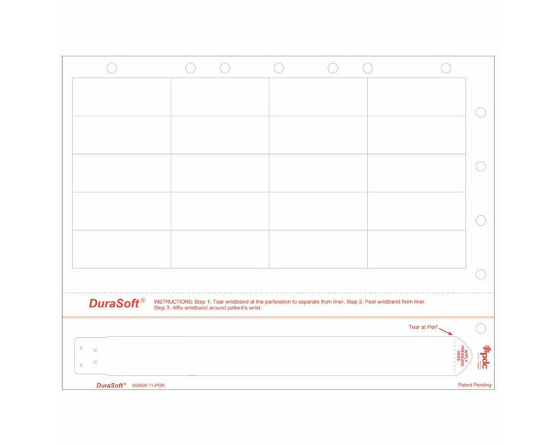 PDC Durasoft® Laser Wristband/Label with Holes, Tamper Evident, Paper, 2 1/2"x1", Adult, White, 20 Labels per Sheet, 4 Pks of 250 Sheets per Case | 9506W-11-PDR