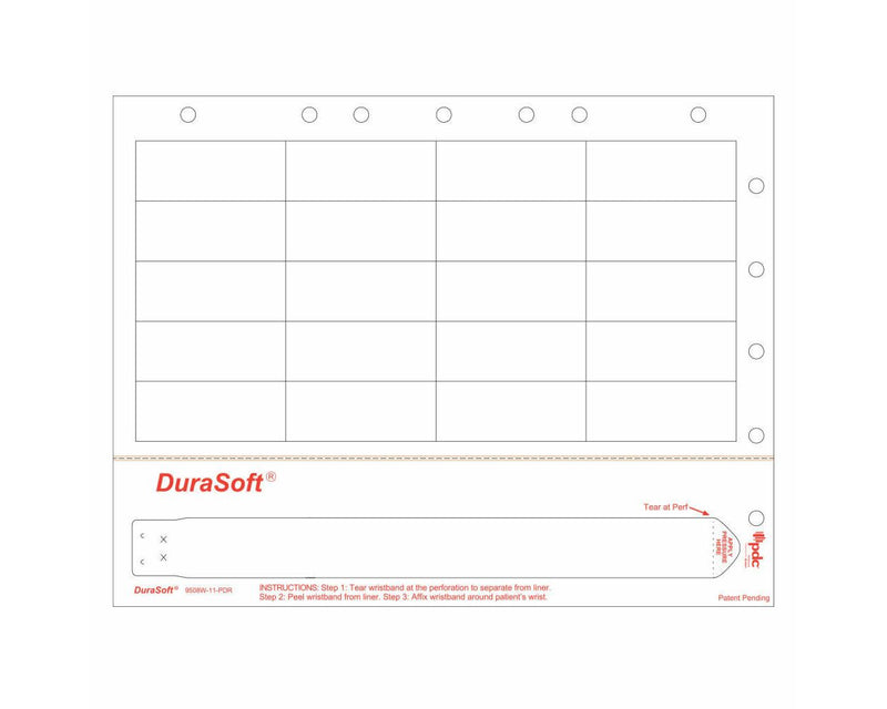 PDC Durasoft® Laser Wristband/Label with Holes, Tamper Evident, Paper, 2 1/2"x1", Adult, White, 20 Labels per Sheet, 4 Pks of 250 Sheets per Case | 9508W-11-PDR