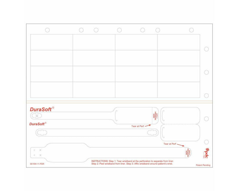 PDC Durasoft® Tendercare® Laser Wristband/Label with Holes, Tamper Evident, Paper, 2 1/2"x1", Infant/Pedi, White, 16 Labels per Sheet, 4 Pks of 250 Sheets per Case | 9516W-11-PDR