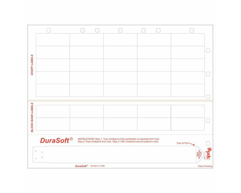 PDC Durasoft® Laser Wristband/Label with Holes, Tamper Evident, Paper, 2"x3/4", Adult/Pedi, White, 35 Labels per Sheet, 4 Pks of 250 Sheets per Case |  9519W-11-PDR